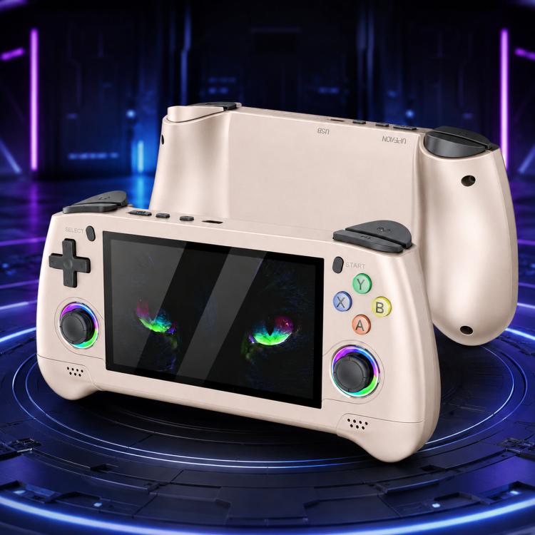 Off-white portable handheld game console front view with built-in screen and joystick controls