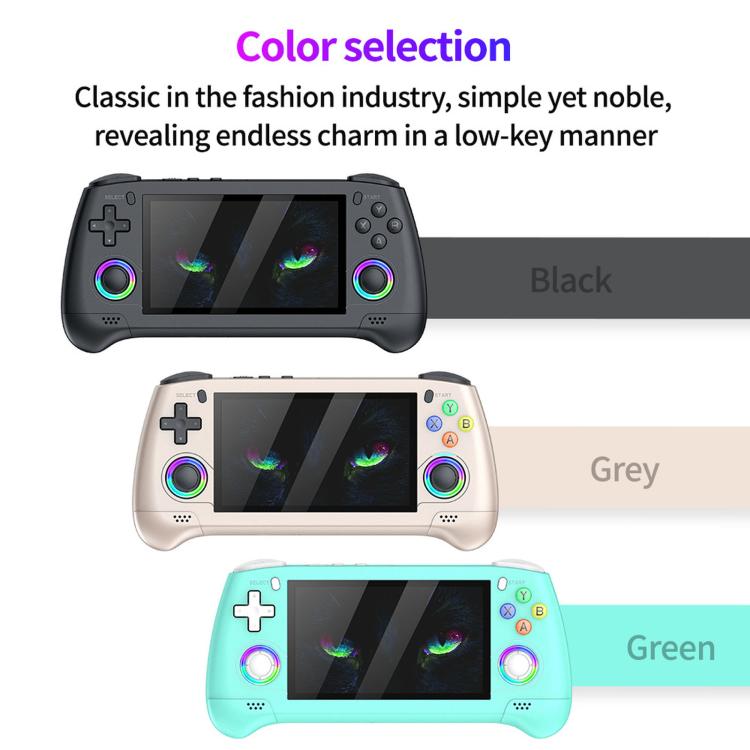 Handheld retro game console set in black, gray, and green with built-in joystick