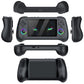 Handheld retro game console shown from multiple angles with side grip controllers