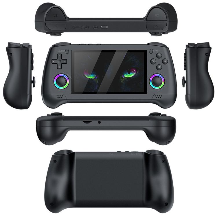 Handheld retro game console shown from multiple angles with side grip controllers