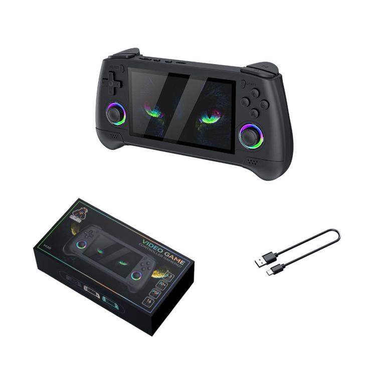 Handheld retro game console with charging cable and retail box included