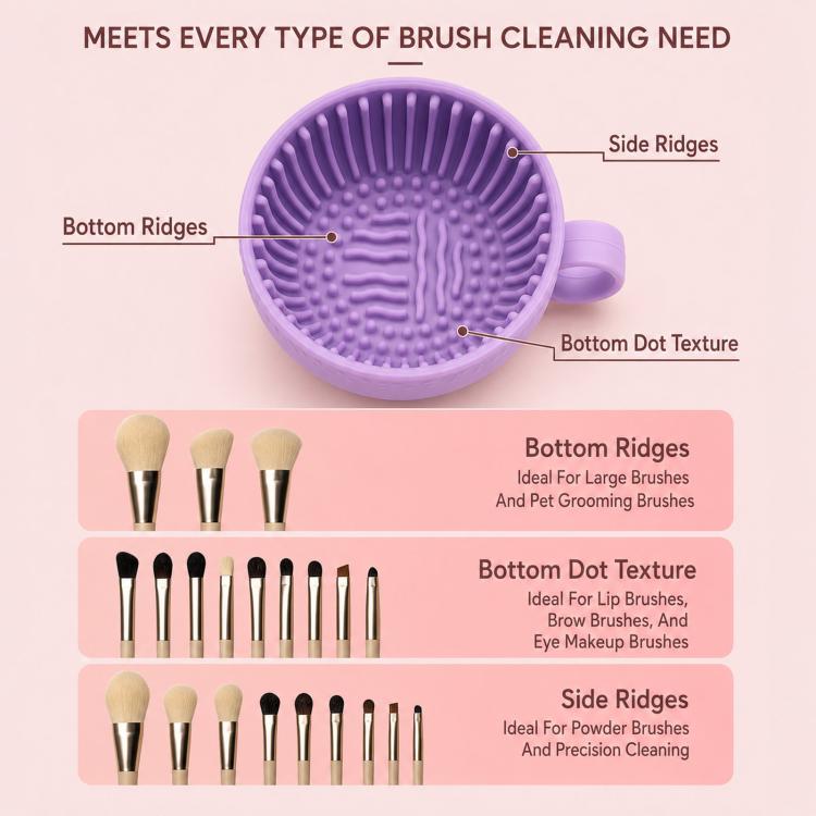 Purple silicone cleaning bowl with bottom dot texture and side ridges for scrubbing