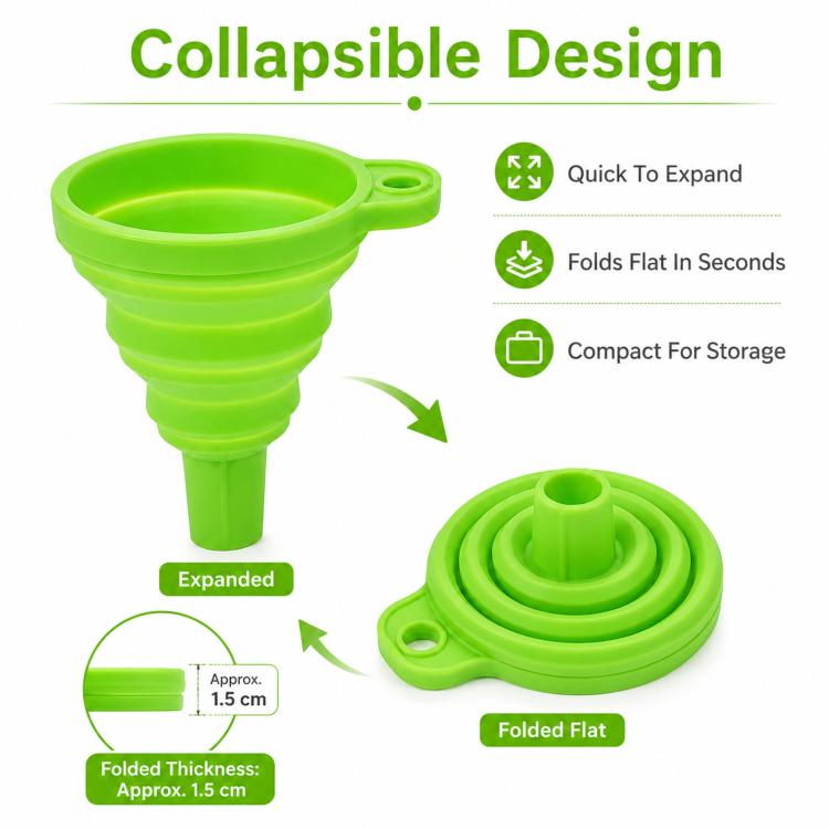 Green collapsible silicone funnel shown expanded with flat folded base