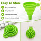 Green collapsible silicone funnel with hanging loop and folded storage base