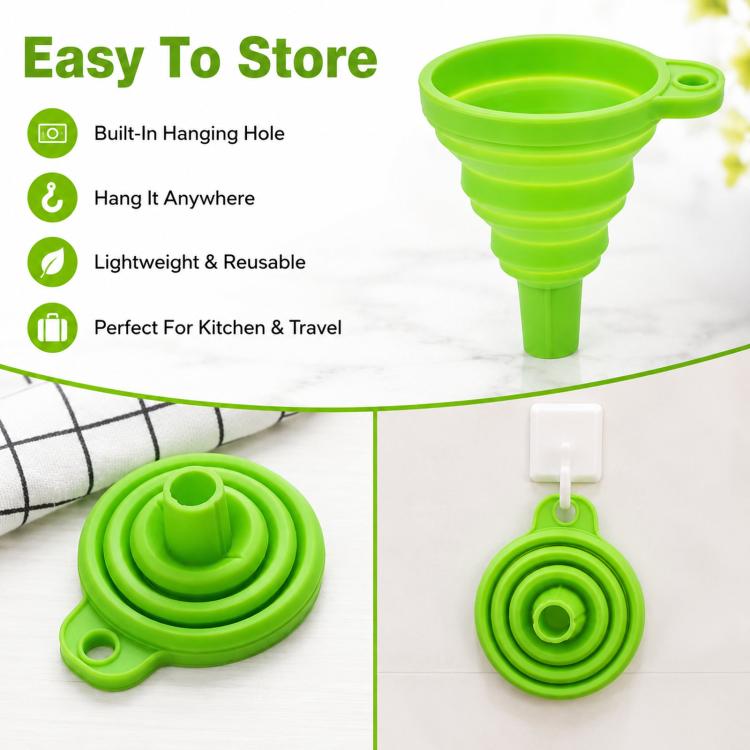Green collapsible silicone funnel with hanging loop and folded storage base