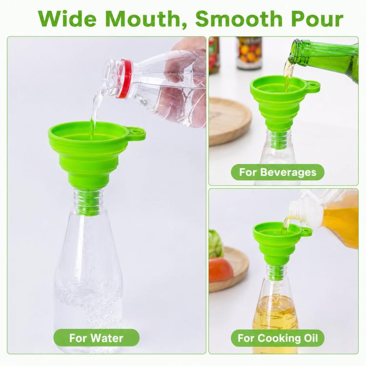Green silicone collapsible funnel with wide mouth pouring spout for liquids
