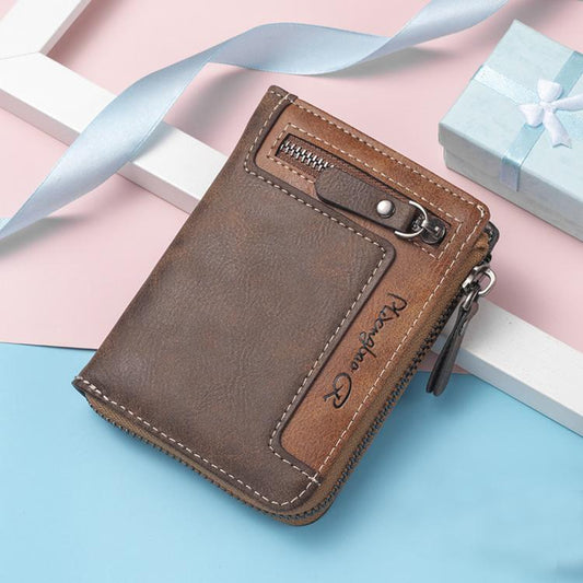 Brown PU leather bifold wallet with front zipper coin pocket and stitched border