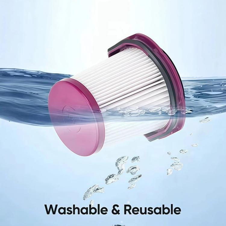 Washable vacuum filter cartridge with purple cap and white pleated element near water splash