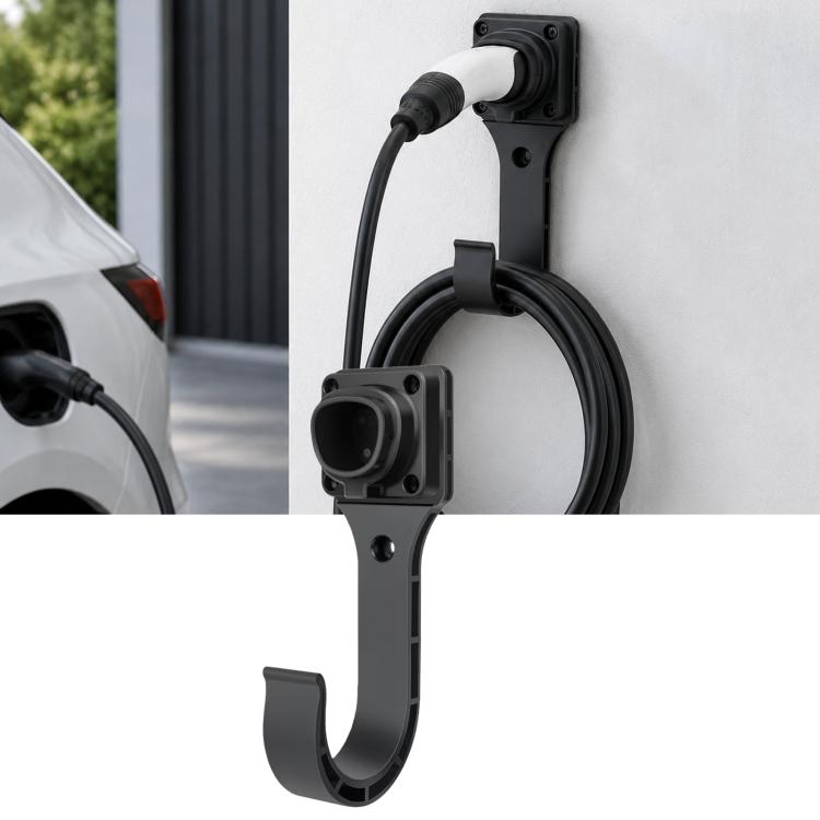 EV charging cable hook bracket with wall mount, black U-shaped cradle for cable