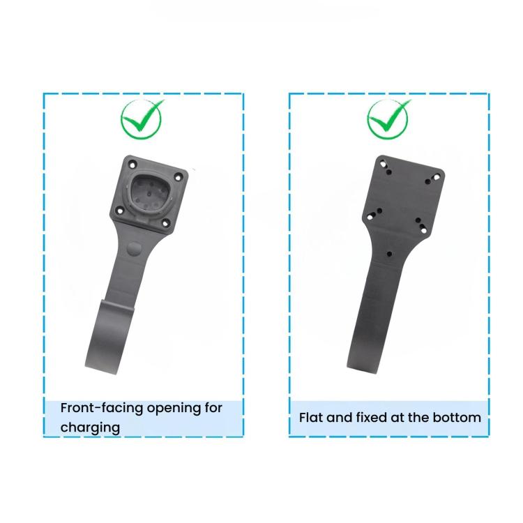 Black EV charging cable hook bracket showing front opening and flat mounting base
