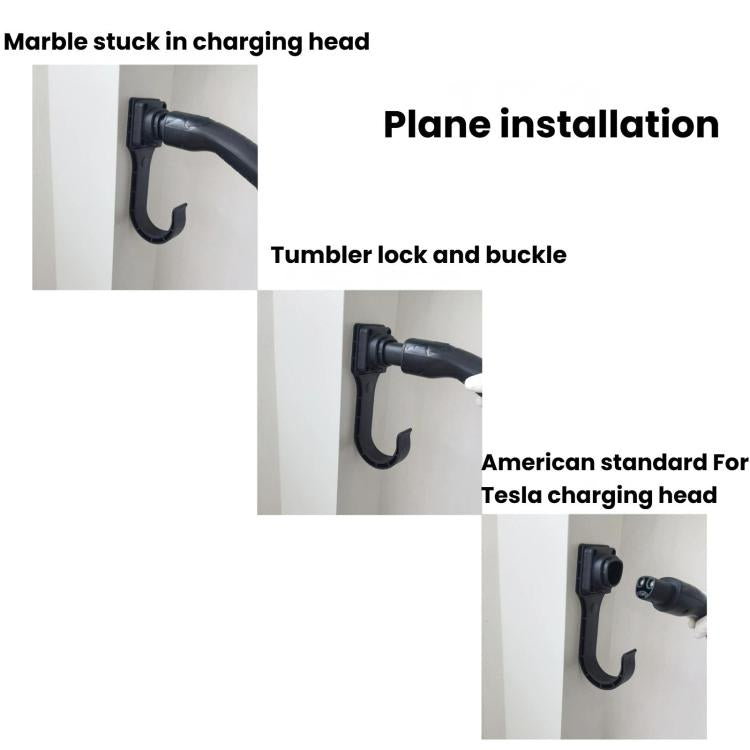 EV charging cable hook bracket mounted on wall, black cradle holding cable
