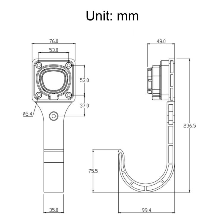 EV charging cable hook bracket size chart with mm measurements diagram