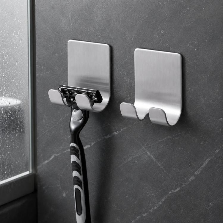 Stainless steel shower razor holder hook set, holding a safety razor on wall