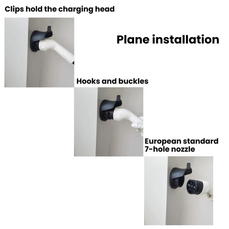 Wall-mounted EV charging socket holder with clip locks holding a charging plug