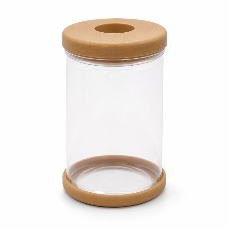 Clear self-watering planter jar with tan top and base, round opening