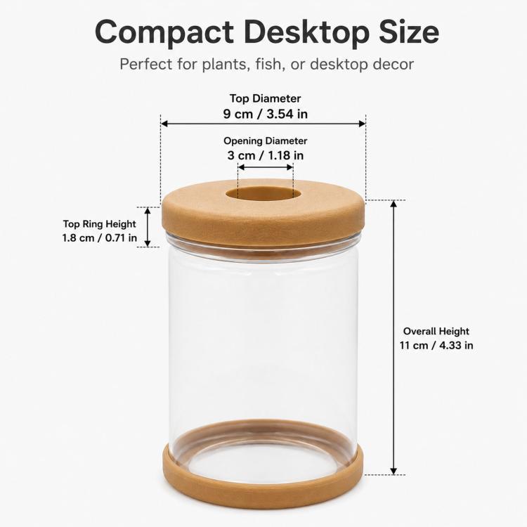 Clear self-watering planter jar size diagram with tan lid and base measurements