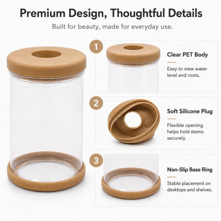 Self-watering planter jar with clear PET body, tan lid, silicone plug, non-slip base