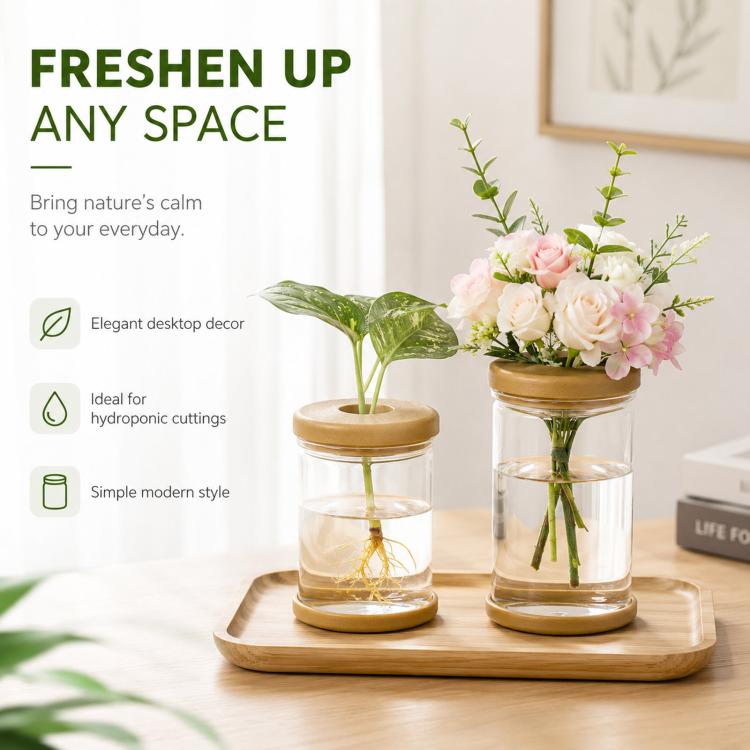 Clear desktop self-watering planter vase with tan lid, holding a bouquet of flowers