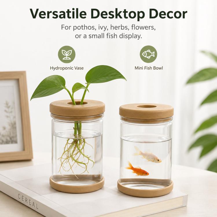Two clear self-watering desktop planters with tan lids, one with small fish