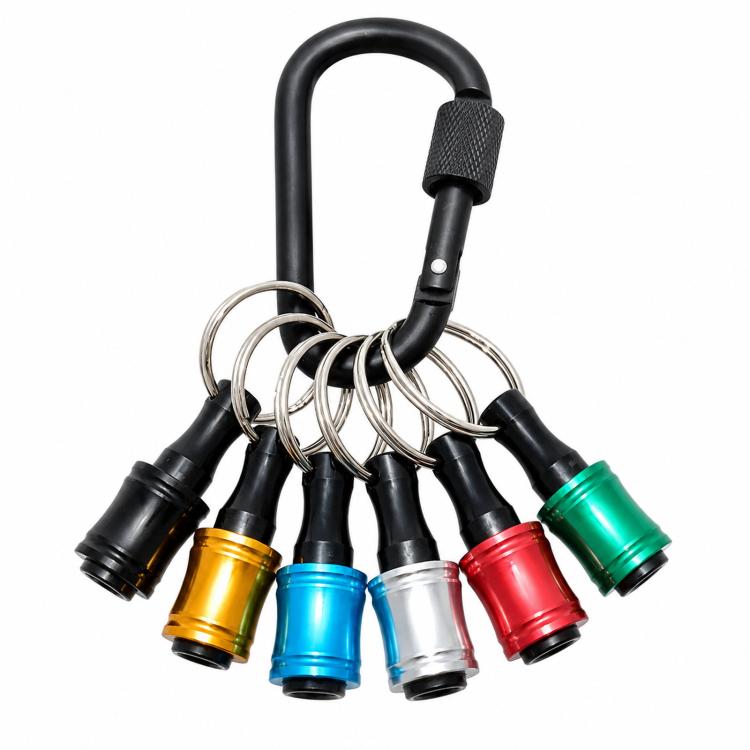 Locking carabiner keychain with six color-coded hex shank bits in a metal ring set