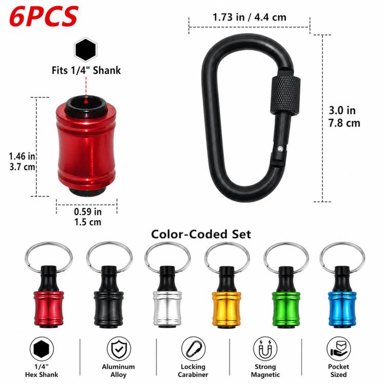 Six-piece 1/4-inch hex shank bit holder keychain with locking carabiner and color-coded bits