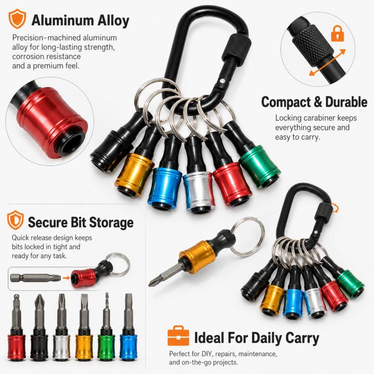 Compact locking carabiner keychain holding six aluminum-colored hex shank screwdriver bits