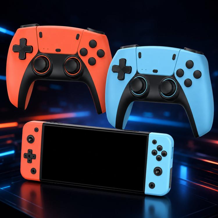 Orange and light-blue game controllers with a handheld console screen in front