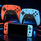 Orange and light-blue game controllers with a dark screen handheld console