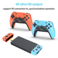 Orange and light-blue game controllers with a handheld console and small remote