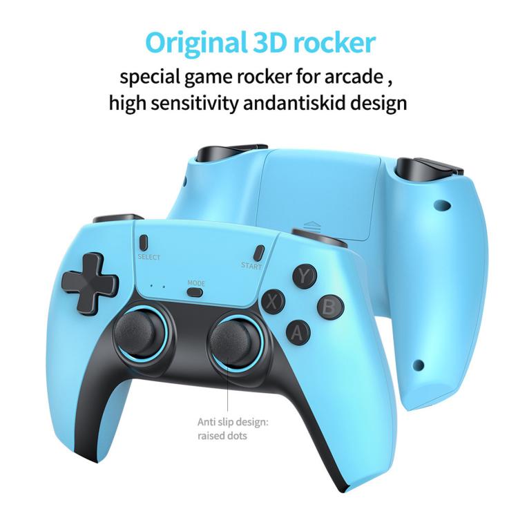 Light-blue game controller with a rocker-style stand and anti-slip design