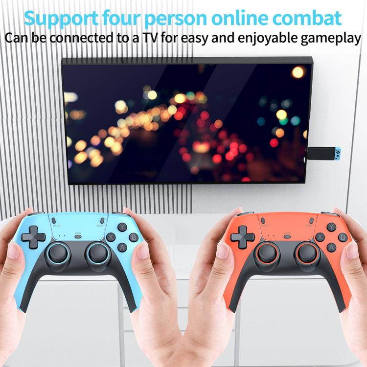 Two players holding orange and light-blue controllers in front of a TV