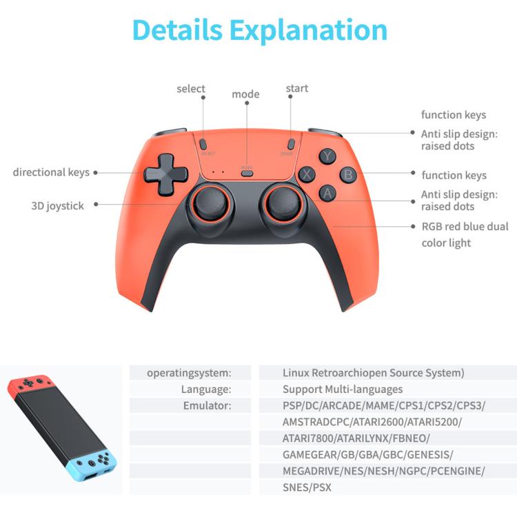 Orange game controller with direction keys, dual joysticks, and function buttons