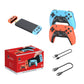 Game console bundle with blue handheld, orange controller, cables, and retail box
