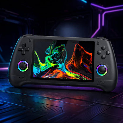 Black retro handheld game console controller with 5.1-inch screen and dual thumbsticks