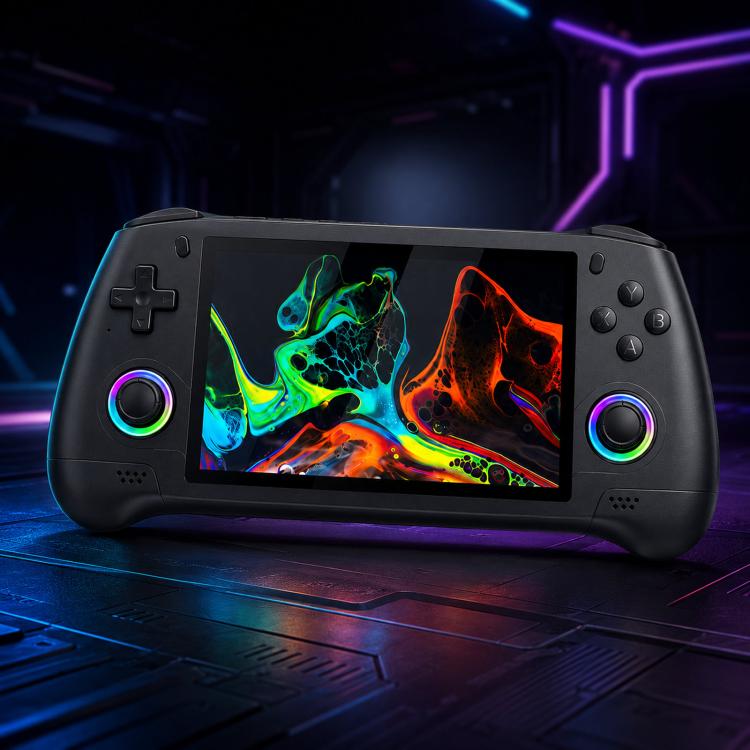 Black retro handheld game console controller with screen and colored action buttons