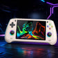 White retro handheld game console controller with screen and colored action buttons