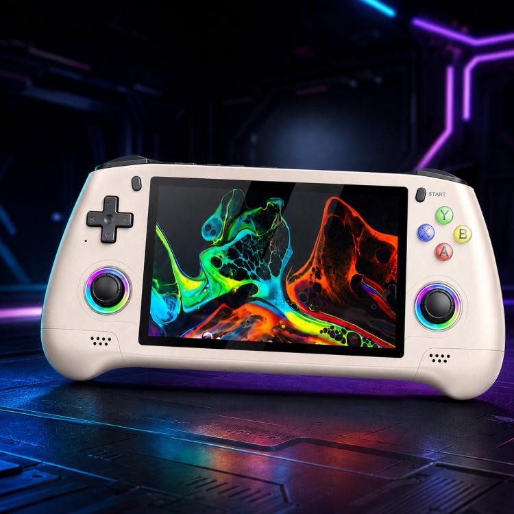 White retro handheld game console controller with screen and colored action buttons