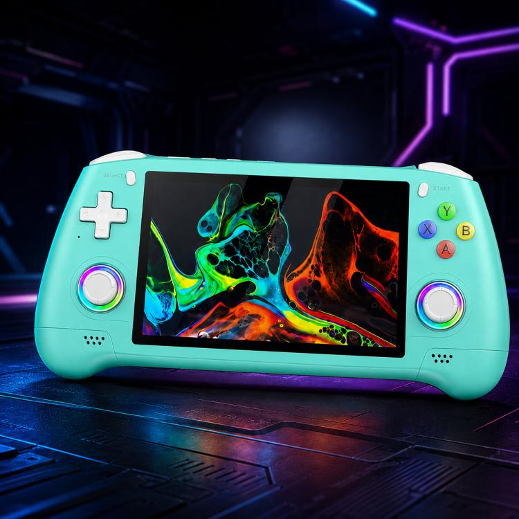 Teal retro handheld game console controller with screen and colored action buttons