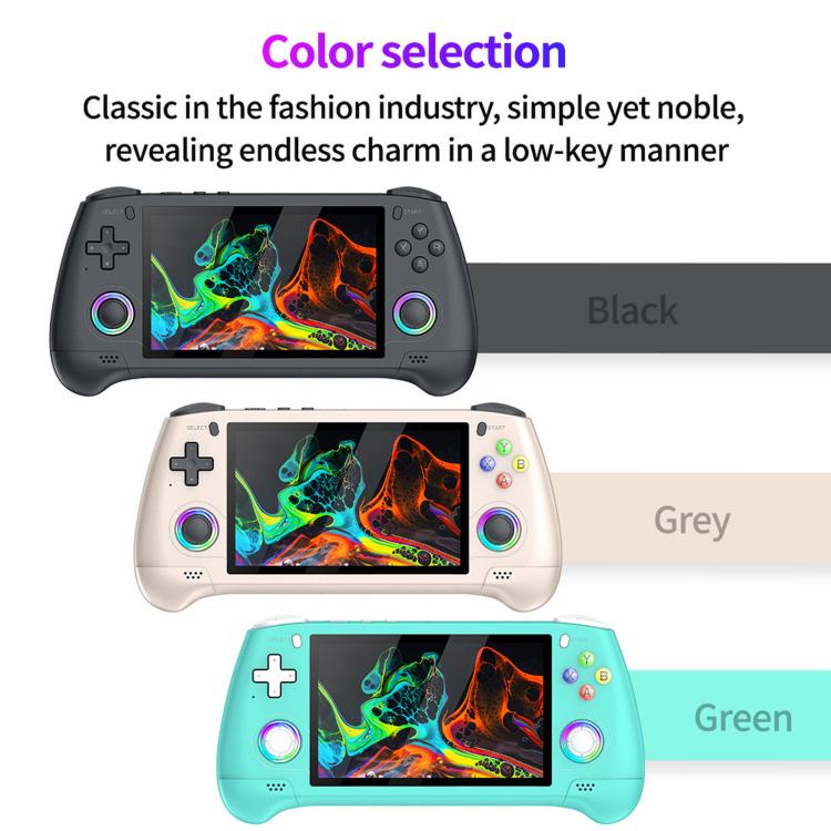 Retro handheld game console in black, grey, and green with 5.1-inch screen