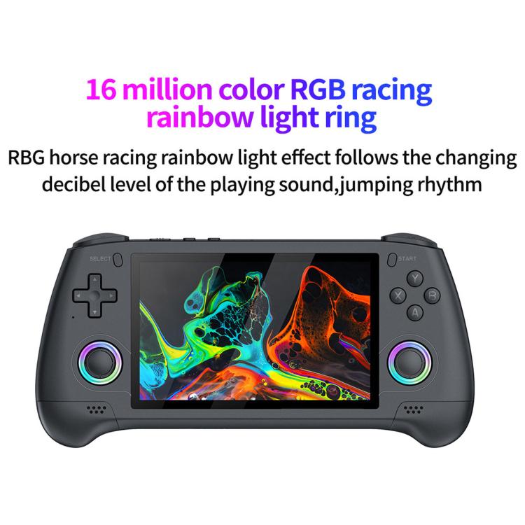 Black retro handheld game console with RGB light ring and colorful 5.1-inch display