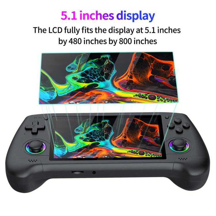 Black handheld game console front view with 5.1-inch LCD screen
