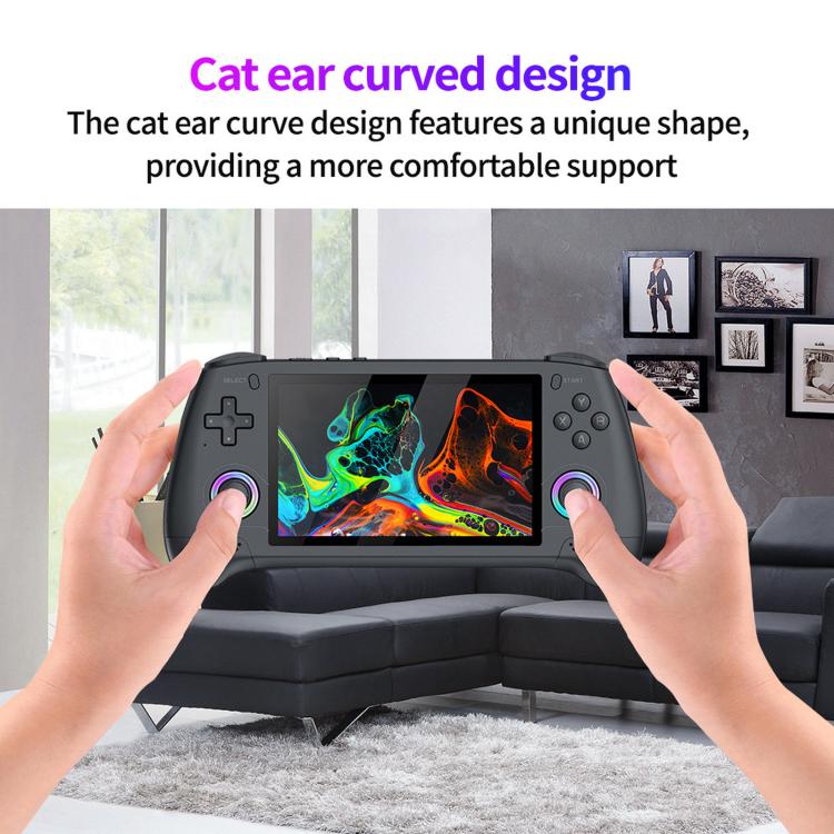 Black retro handheld game console with cat-ear curved grip design and game screen