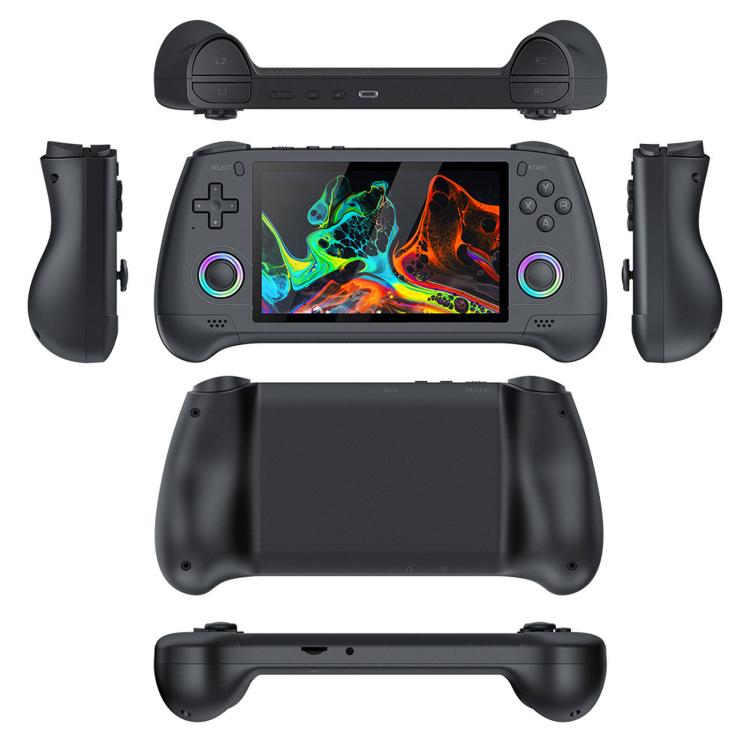 Black handheld game console with detachable grips and 5.1-inch screen