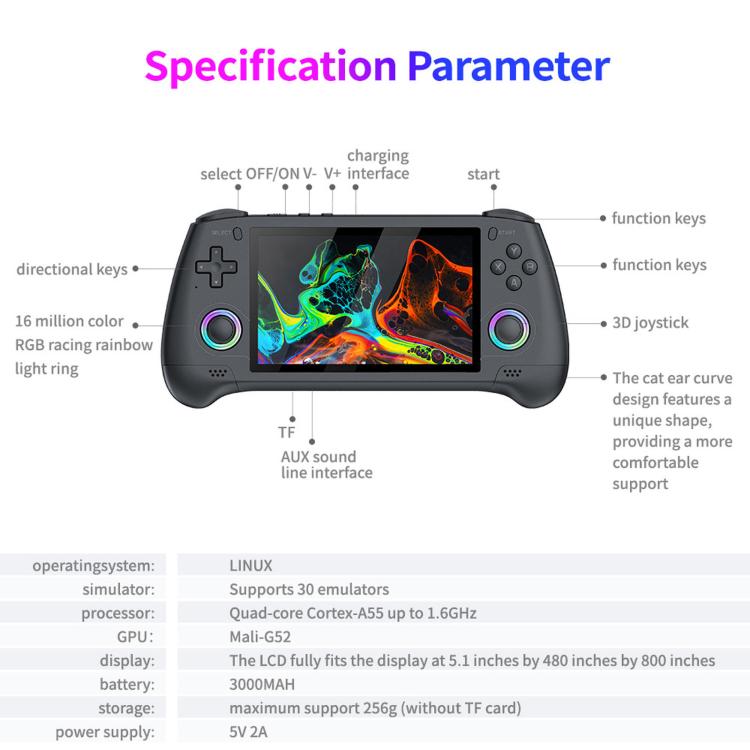 Black retro handheld game console showing front controls and 5.1-inch LCD screen