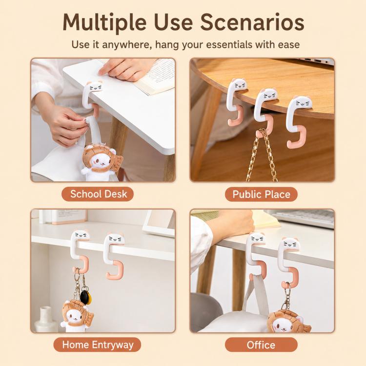 Four cat-shaped bag hooks shown on different desk edges for hanging items.