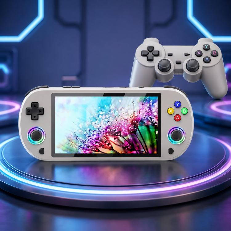 Light gray handheld game console with 5-inch screen and controller buttons