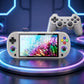 Light gray handheld game console with attached controller and 5-inch touchscreen