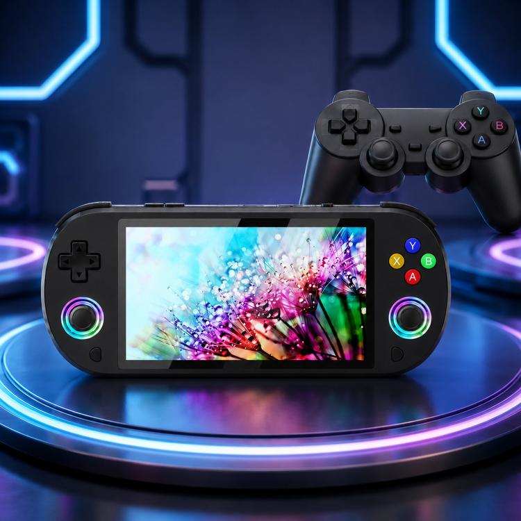 Front view of black handheld game console with 5-inch display and gamepad buttons