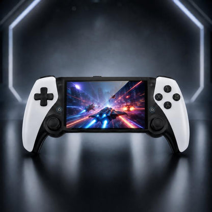 Handheld game console with dual controller grips and HD touchscreen