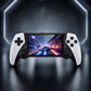 Handheld game console front view with white controller grips and touchscreen